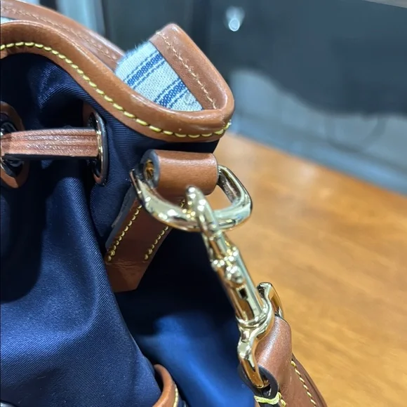 Dooney & Bourke Italian Nylon Navy and Brown Hobo Drawstring Bag - Picture 3 of 15